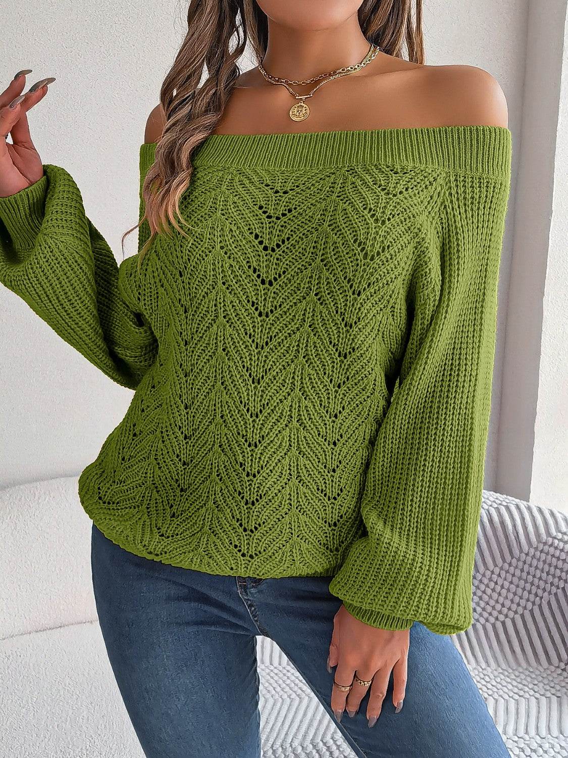 Openwork Off-Shoulder Long Sleeve Sweater - MARIGOLD 