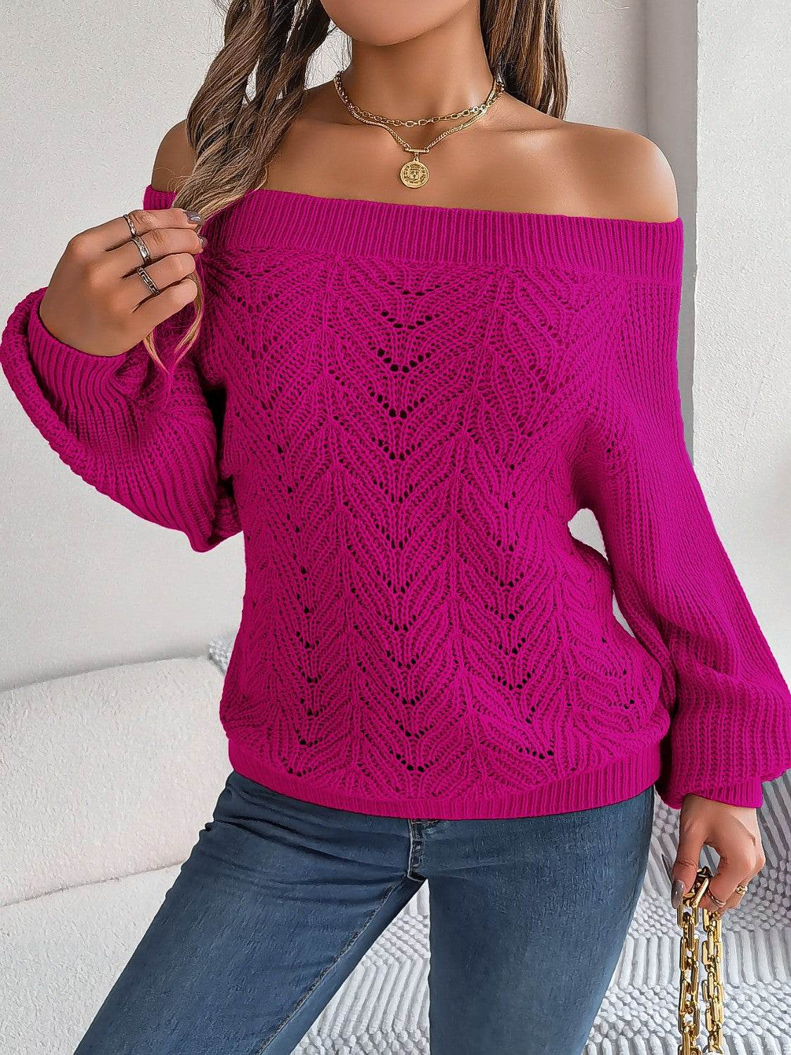Openwork Off-Shoulder Long Sleeve Sweater - MARIGOLD 