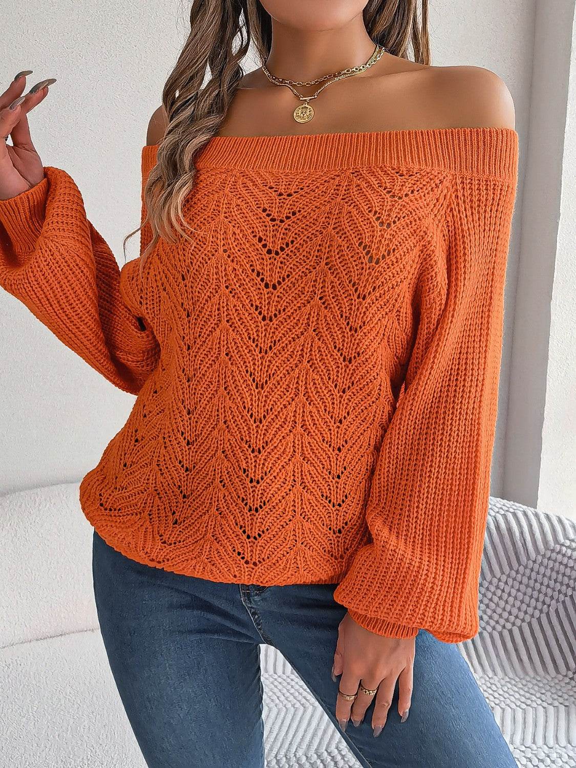 Openwork Off-Shoulder Long Sleeve Sweater - MARIGOLD 