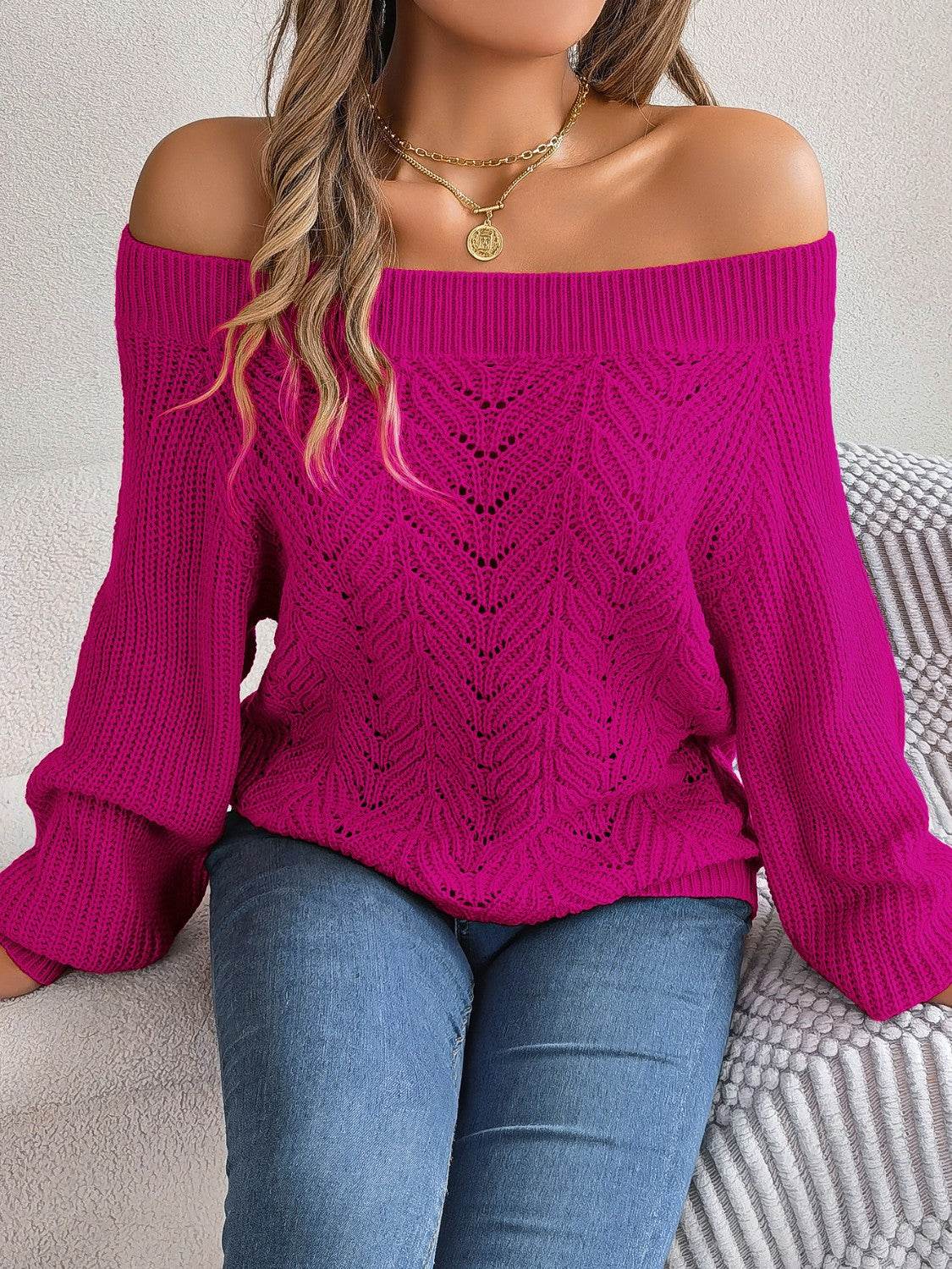 Openwork Off-Shoulder Long Sleeve Sweater - MARIGOLD 