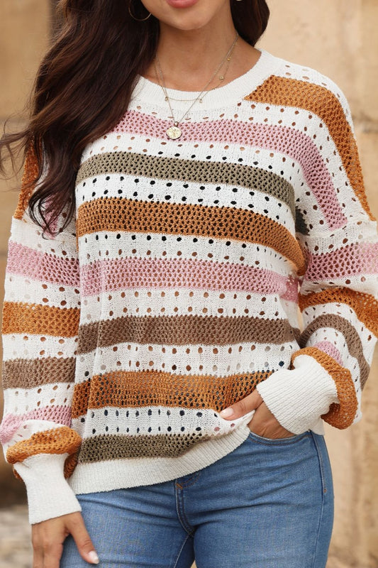 Open Knit Striped Round Neck Sweater - MARIGOLD 