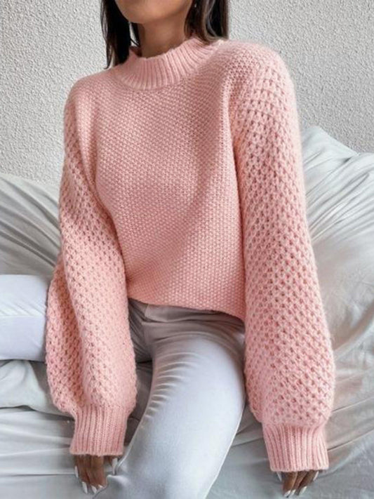 Open-Knit Mock Neck Long Sleeve Sweater - MARIGOLD 