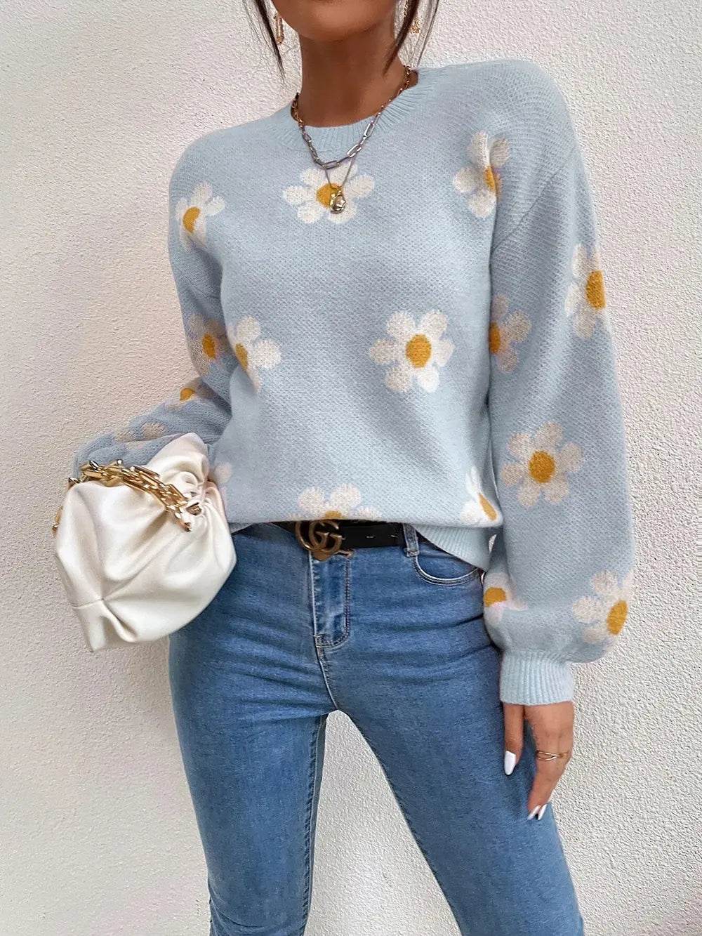 Flower Print Latern Sleeve Sweater - MARIGOLD 