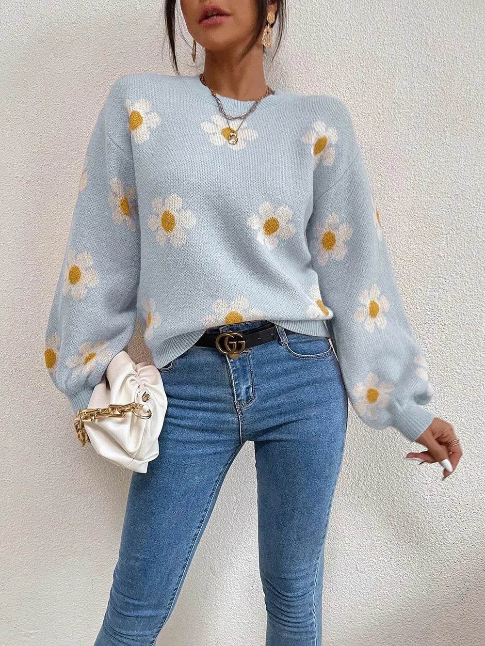 Flower Print Latern Sleeve Sweater - MARIGOLD 