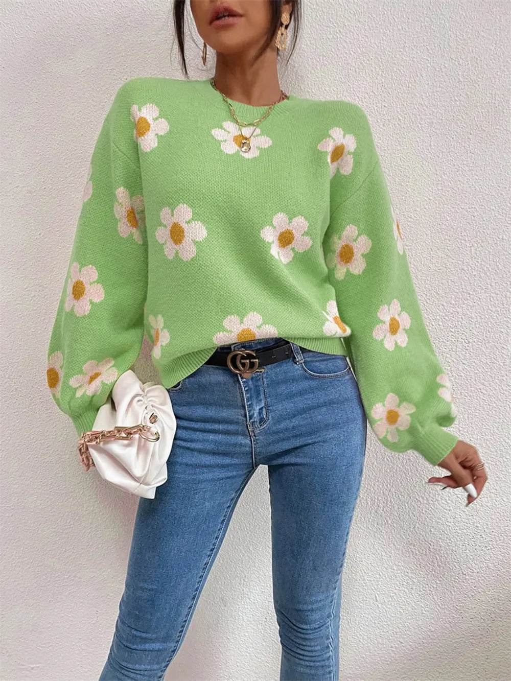 Flower Print Latern Sleeve Sweater - MARIGOLD 