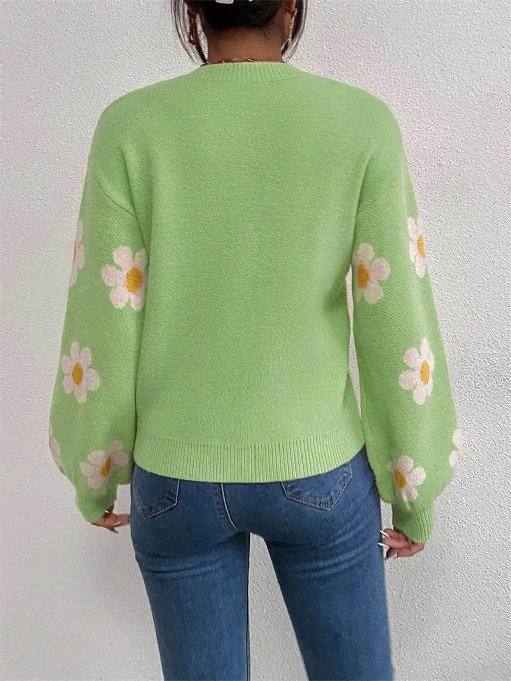 Flower Print Latern Sleeve Sweater - MARIGOLD 