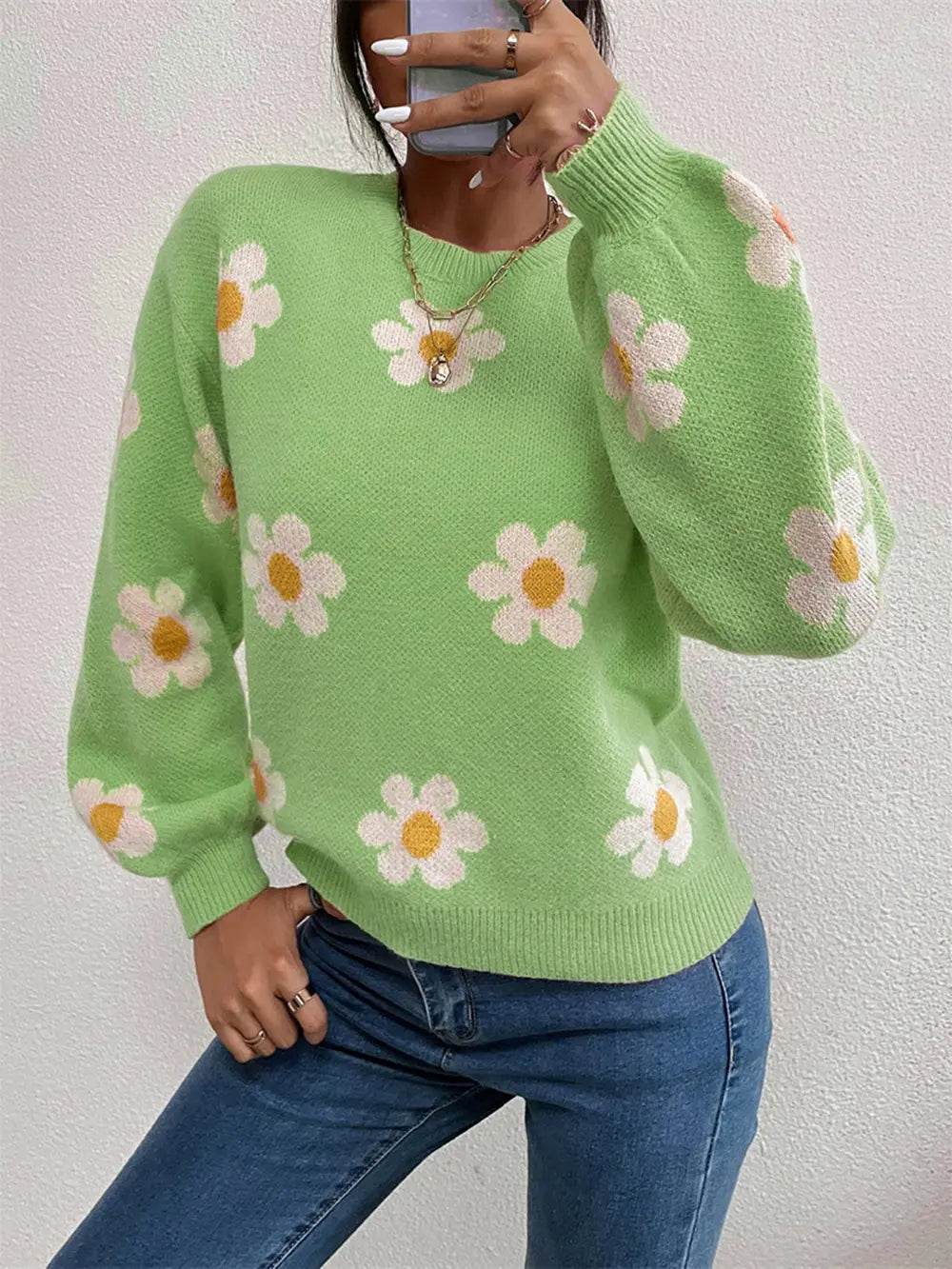 Flower Print Latern Sleeve Sweater - MARIGOLD 