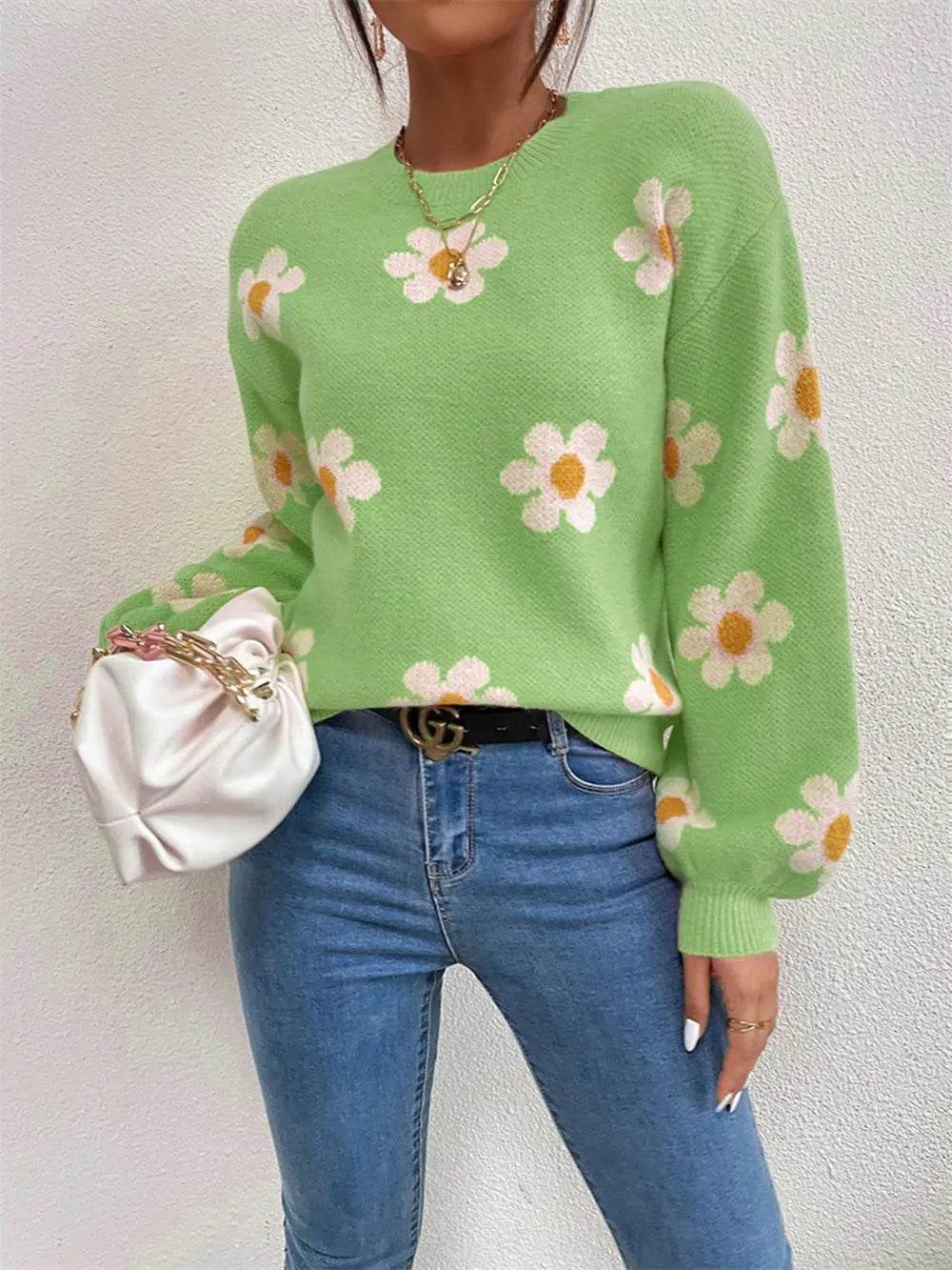 Flower Print Latern Sleeve Sweater - MARIGOLD 