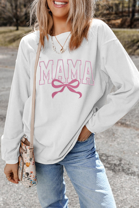 MAMA Bow Round Neck Long Sleeve Sweatshirt - MARIGOLD 
