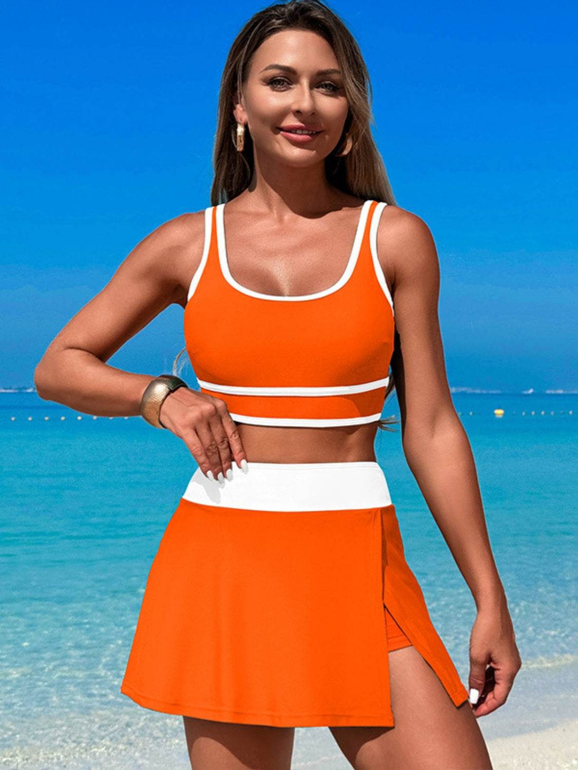 Scoop Neck Top and Skort Swim Set - MARIGOLD 