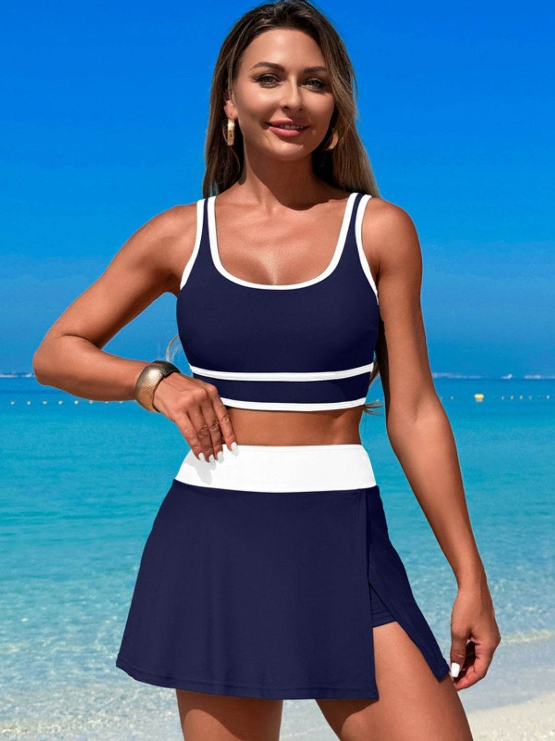 Scoop Neck Top and Skort Swim Set - MARIGOLD 