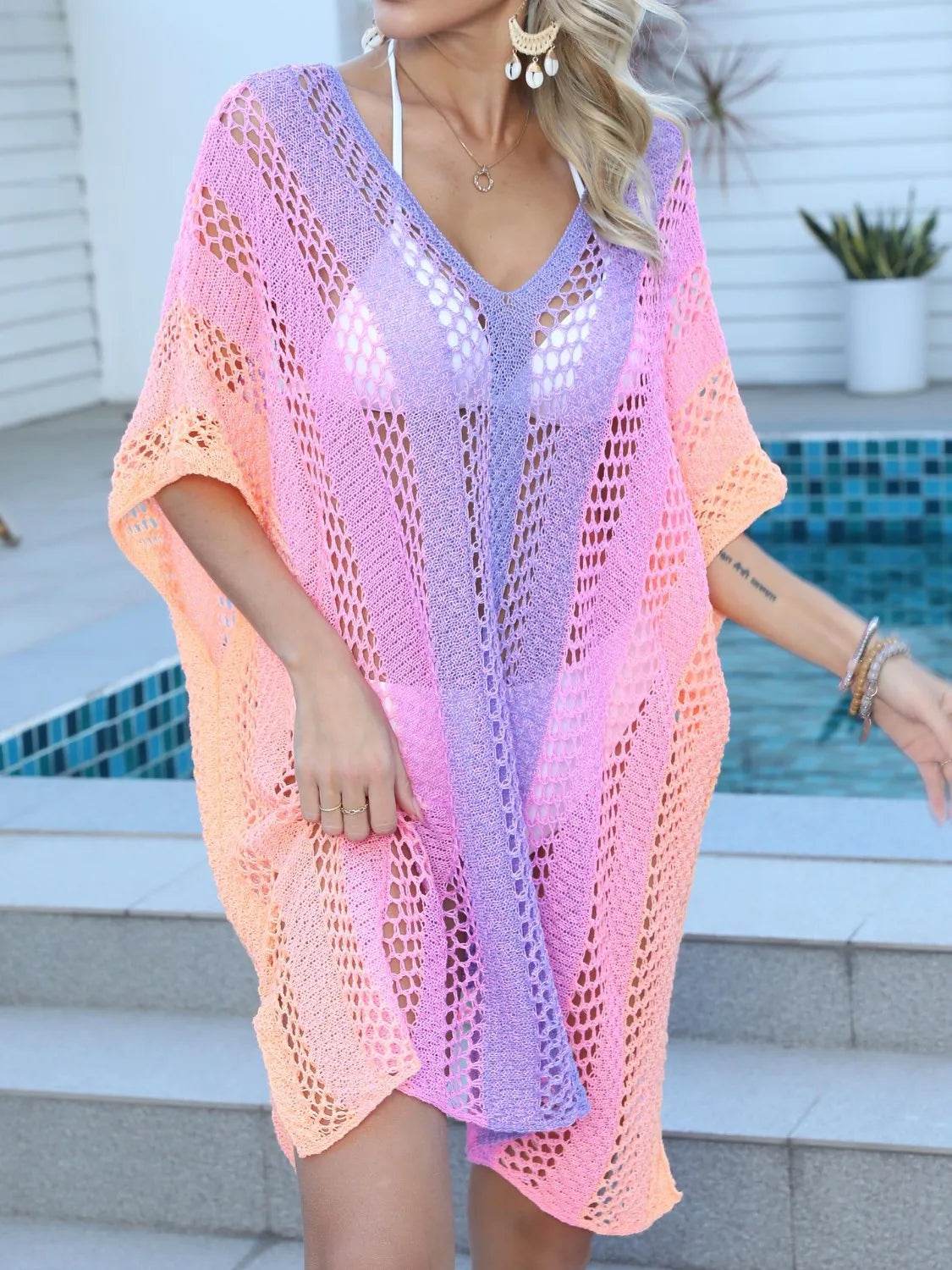 Rainbow Gradient Crochet Beach Cover Up - MARIGOLD 