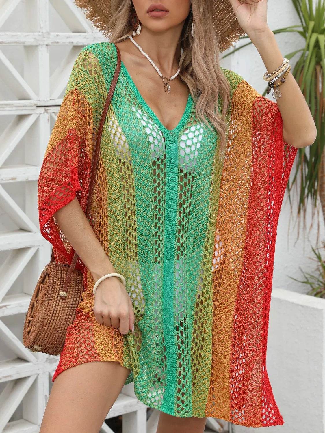 Rainbow Gradient Crochet Beach Cover Up - MARIGOLD 