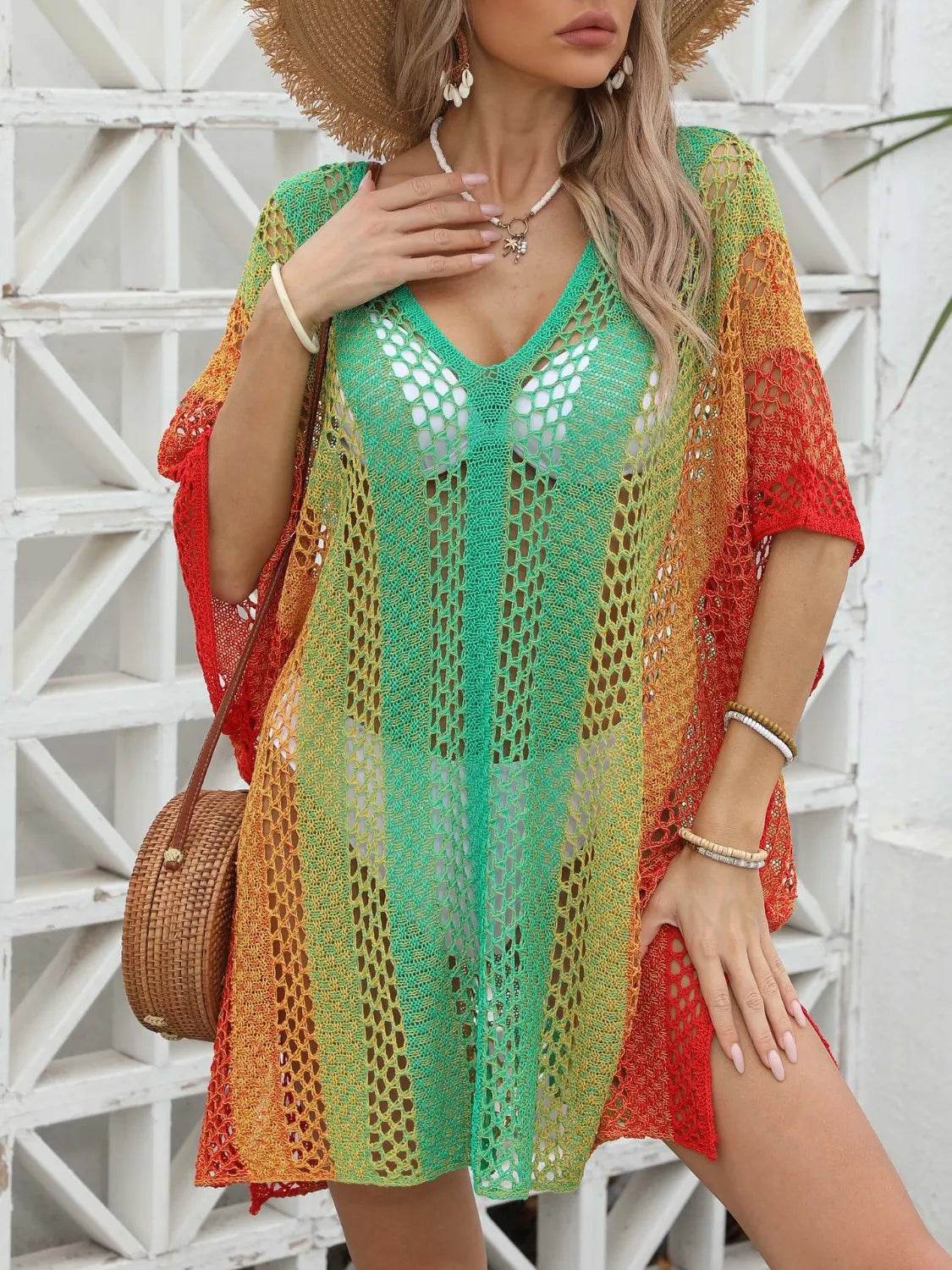 Rainbow Gradient Crochet Beach Cover Up - MARIGOLD 