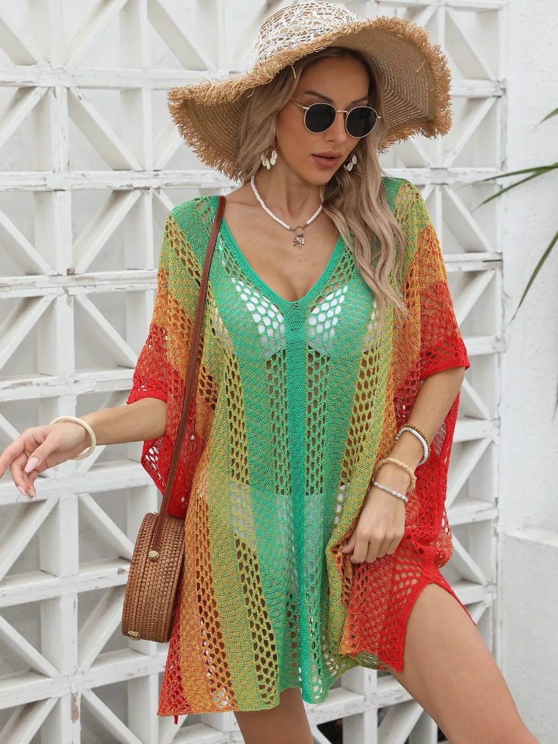 Rainbow Gradient Crochet Beach Cover Up - MARIGOLD 