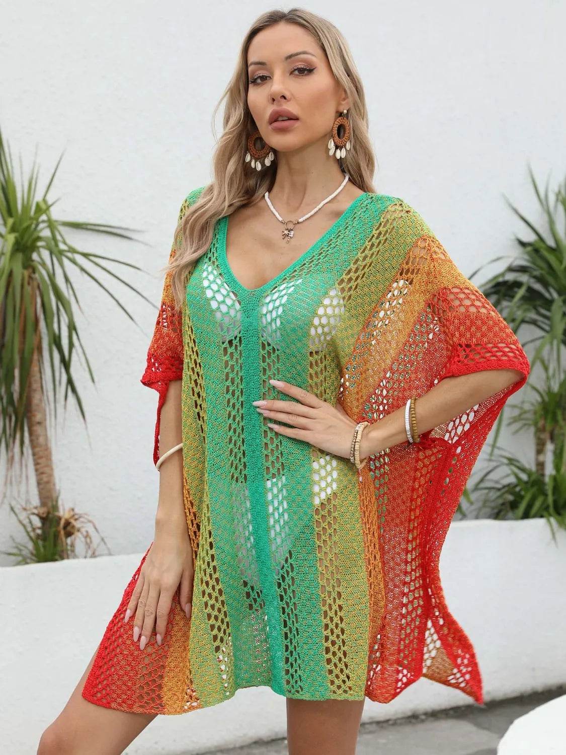 Rainbow Gradient Crochet Beach Cover Up - MARIGOLD 