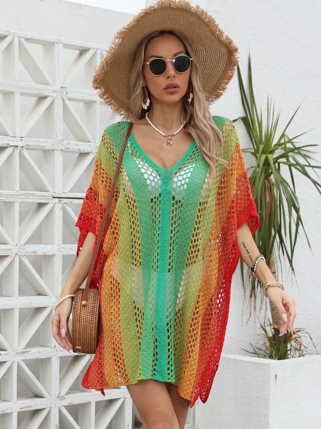 Rainbow Gradient Crochet Beach Cover Up - MARIGOLD 