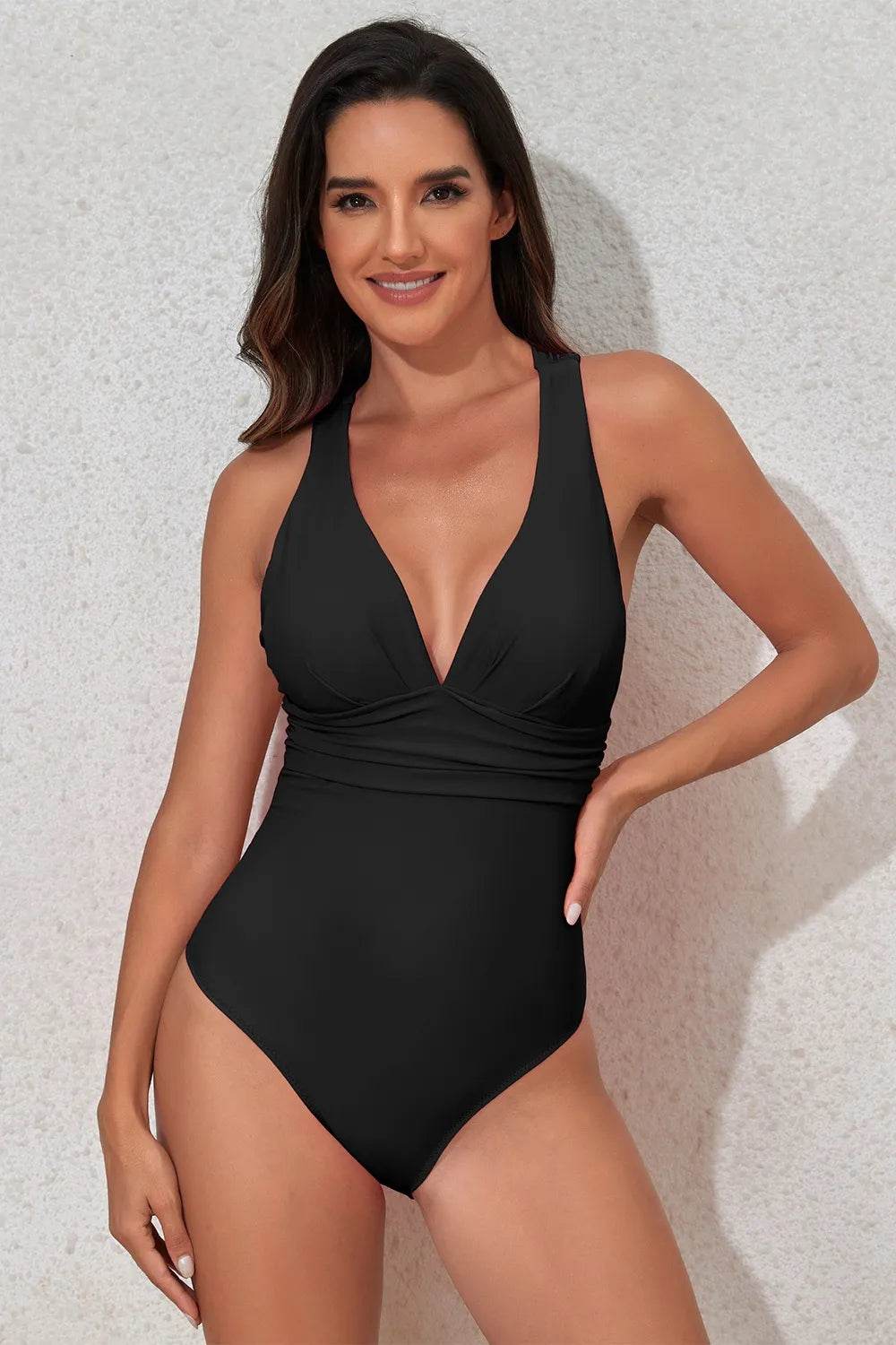 Crisscross Back V-Neck One-Piece Swimsuit - MARIGOLD 