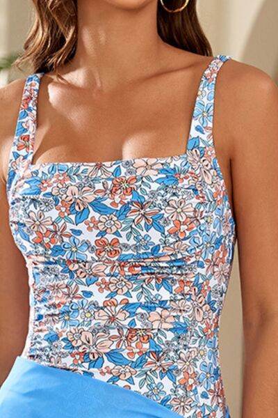Floral Printed Square Neck Ruched Front One-Piece Swimsuit - MARIGOLD 