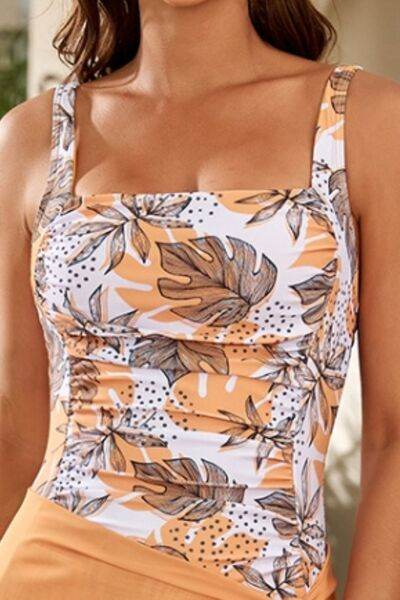 Floral Printed Square Neck Ruched Front One-Piece Swimsuit - MARIGOLD 