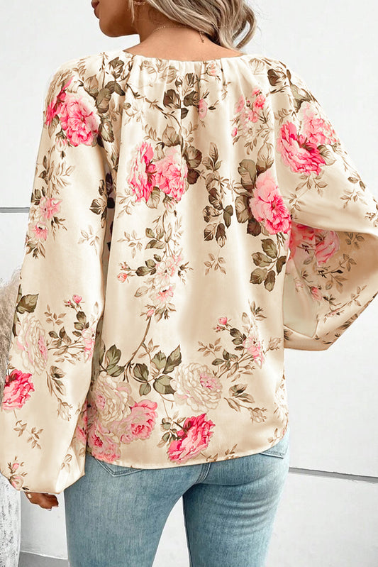 Floral V-Neck Balloon Sleeve Blouse - MARIGOLD 