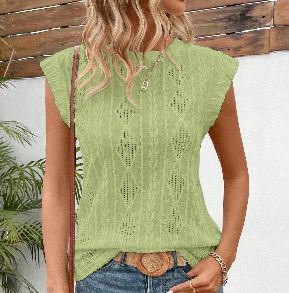 Openwork Round Neck Cap Sleeve Top green