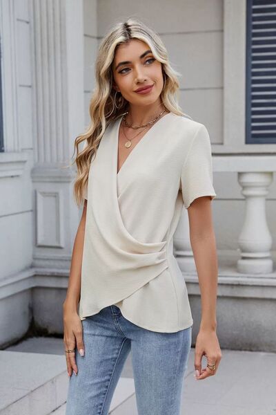 Solid Color Surplice Short Sleeve Blouse - MARIGOLD 