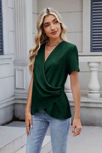 Solid Color Surplice Short Sleeve Blouse - MARIGOLD 