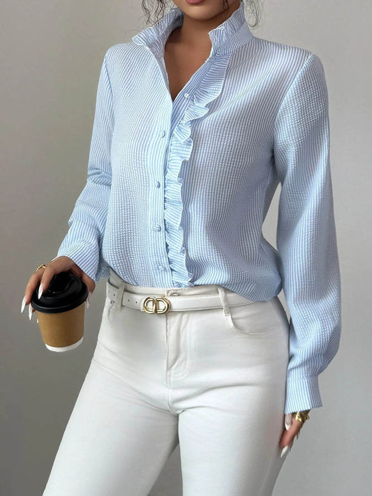 Ruffle Front Striped Button-Up Shirt - MARIGOLD 