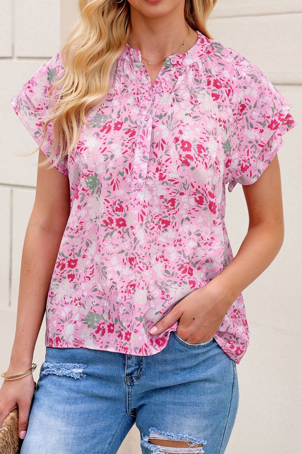 Pink Floral Print Flutter Sleeve Blouse - MARIGOLD 