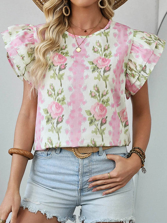 Pink Rose Print Ruffle Sleeve Blouse - MARIGOLD 