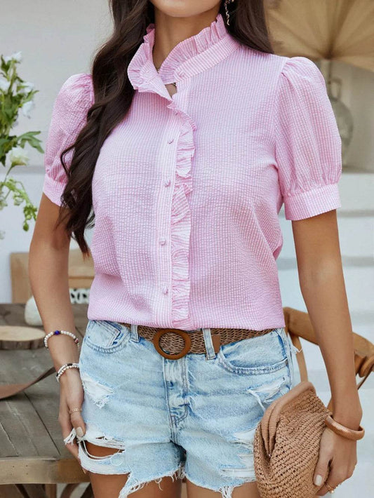 Striped Ruffle Button-Up Shirt - MARIGOLD 