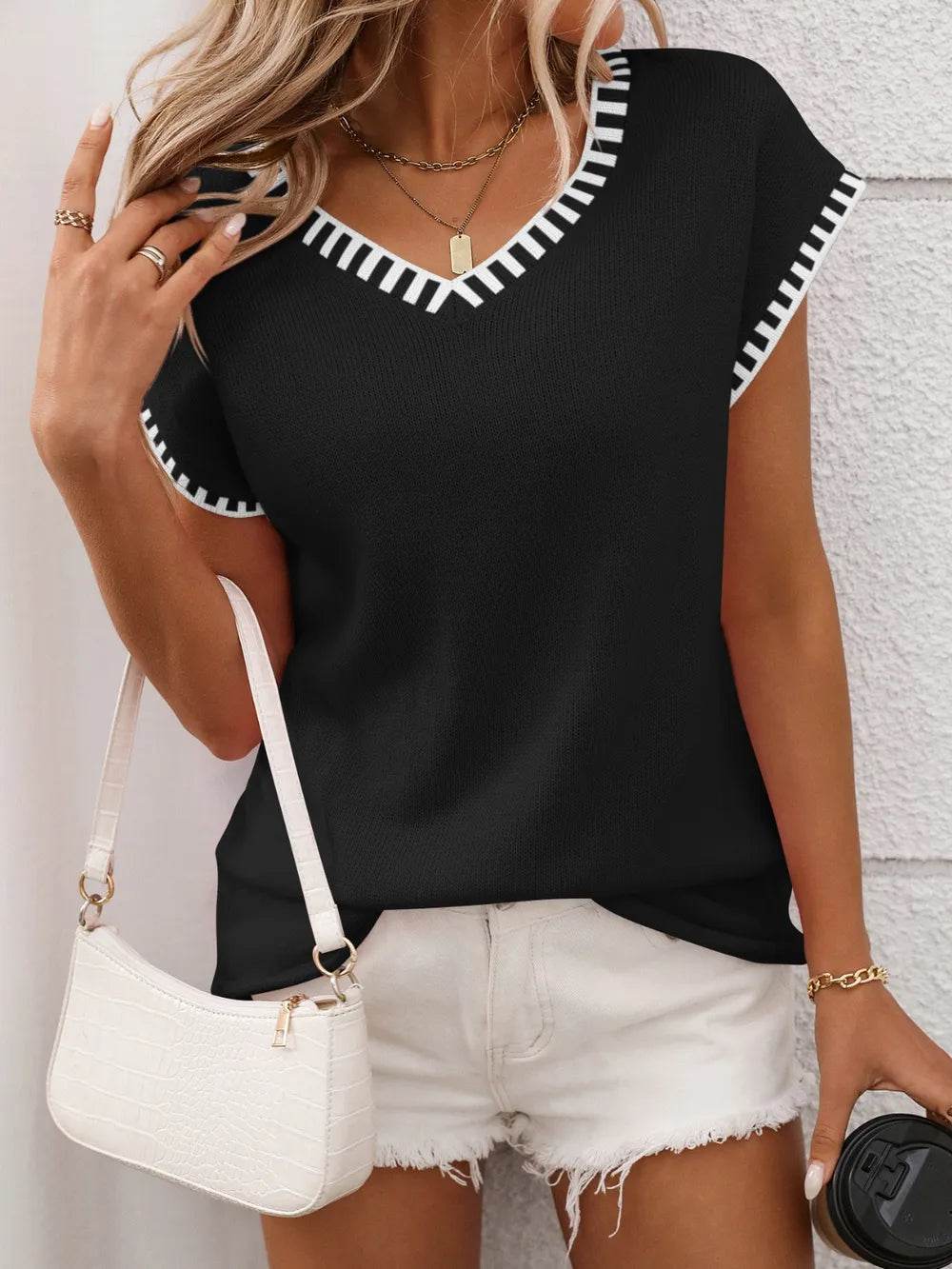 Contrast Trim V-Neck Short Sleeve Knit Top - MARIGOLD 