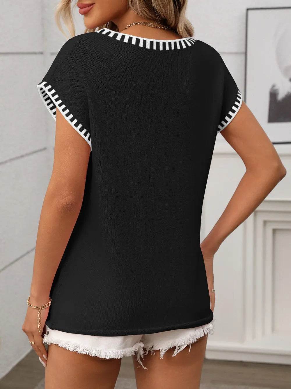 Contrast Trim V-Neck Short Sleeve Knit Top - MARIGOLD 