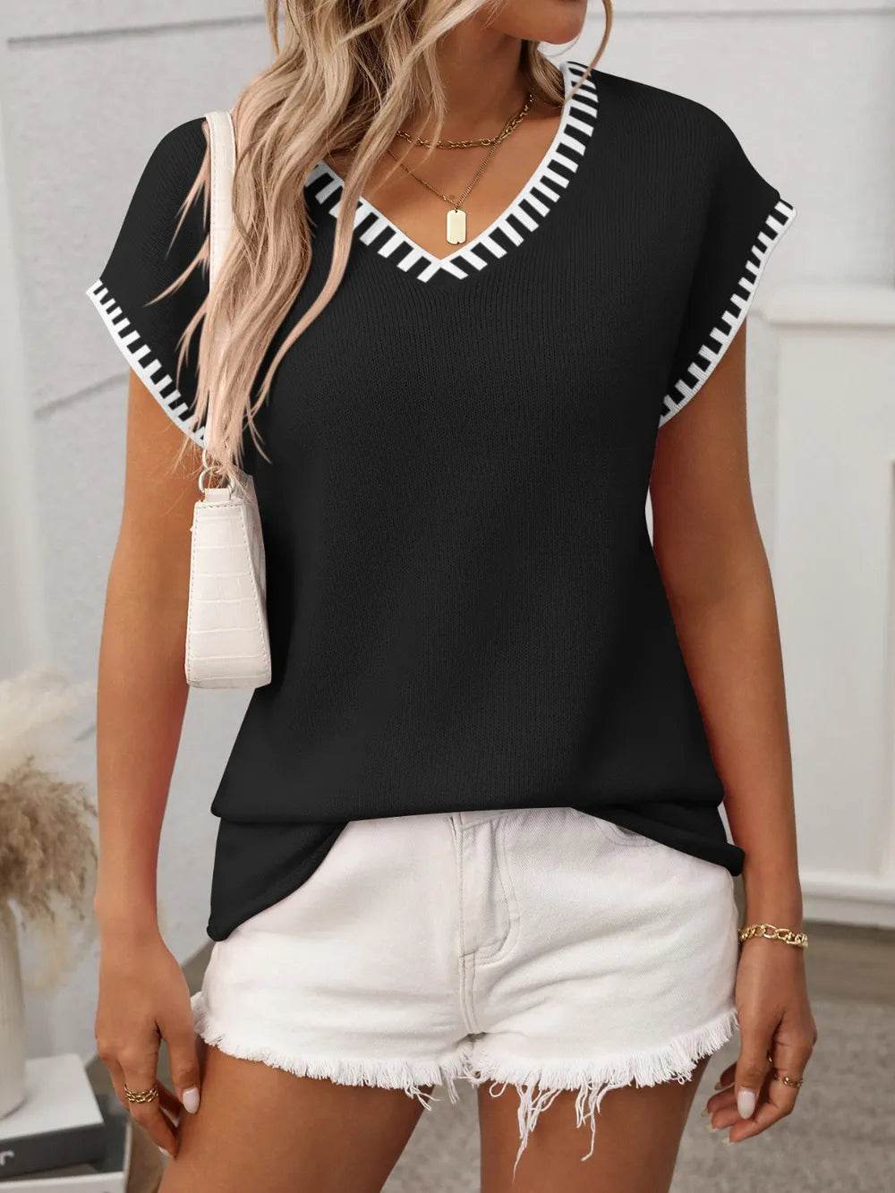 Contrast Trim V-Neck Short Sleeve Knit Top - MARIGOLD 