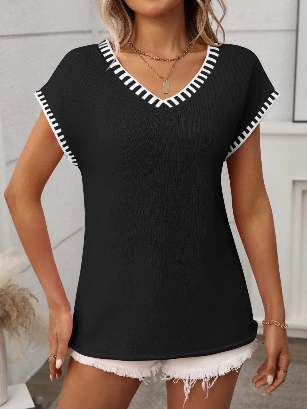 Contrast Trim V-Neck Short Sleeve Knit Top - MARIGOLD 