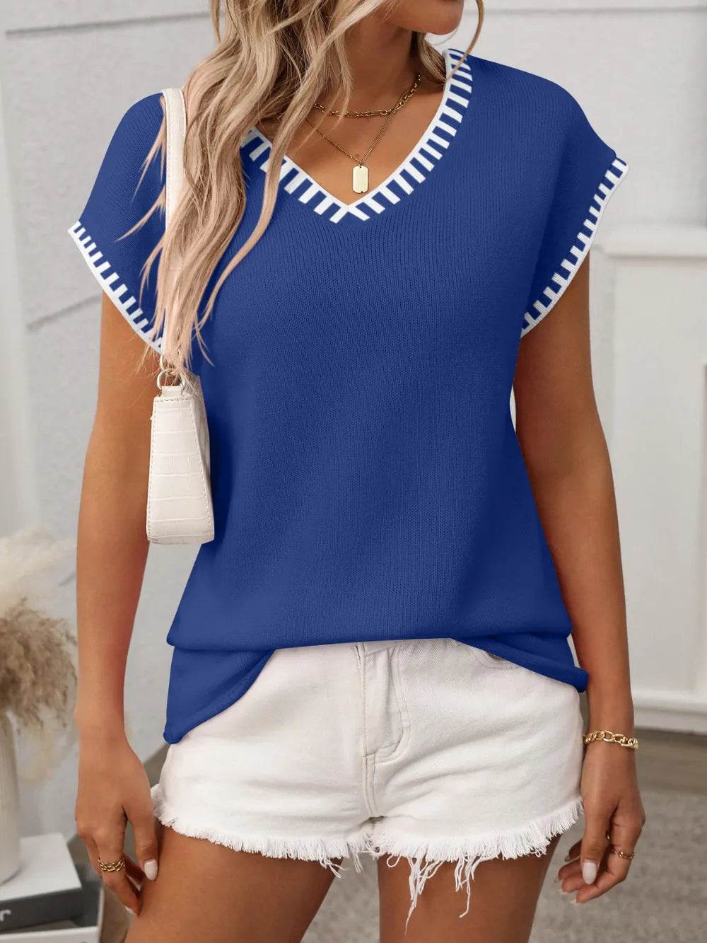 Contrast Trim V-Neck Short Sleeve Knit Top - MARIGOLD 
