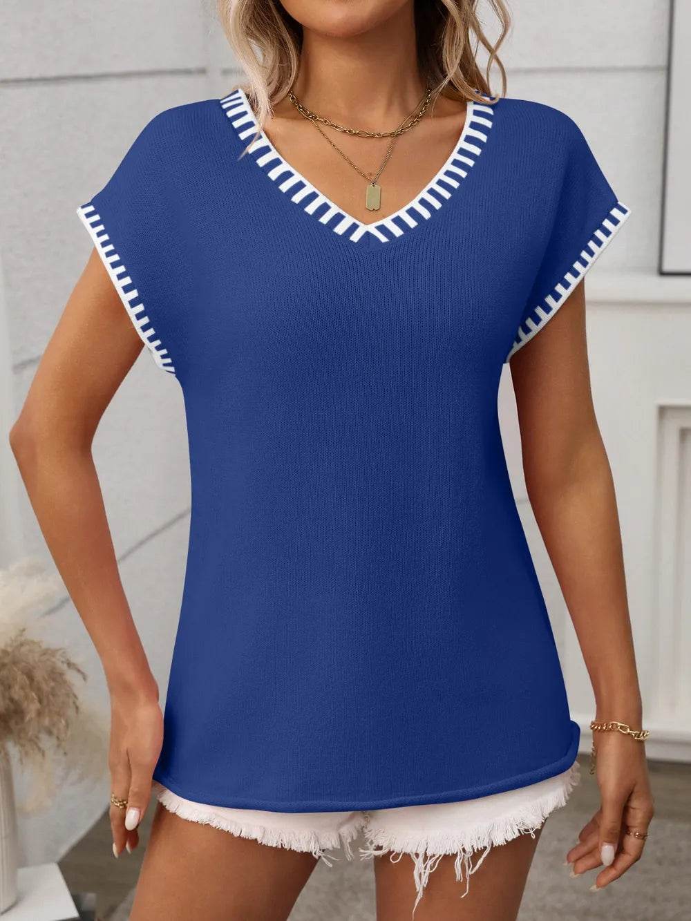 Contrast Trim V-Neck Short Sleeve Knit Top - MARIGOLD 