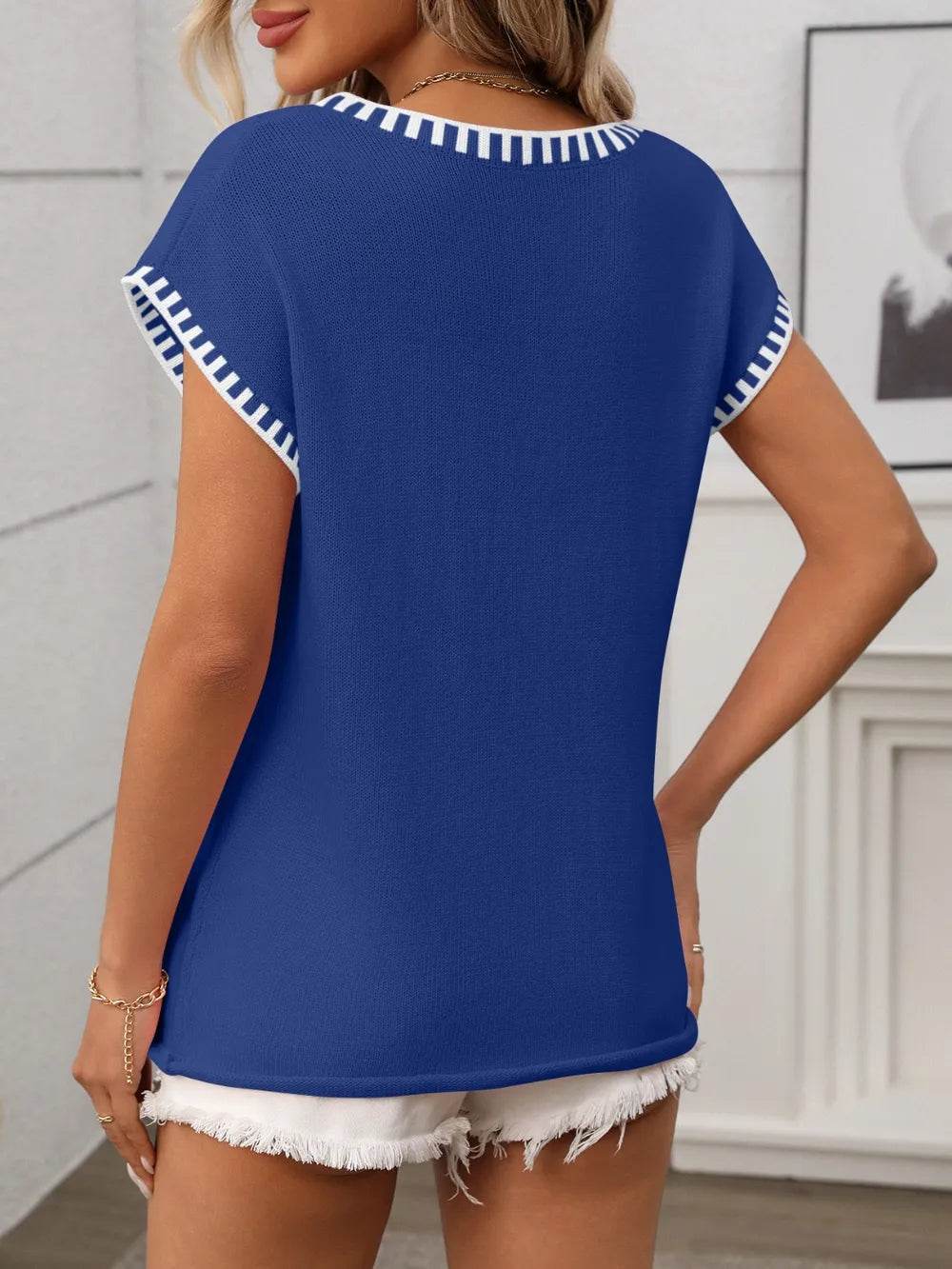 Contrast Trim V-Neck Short Sleeve Knit Top - MARIGOLD 