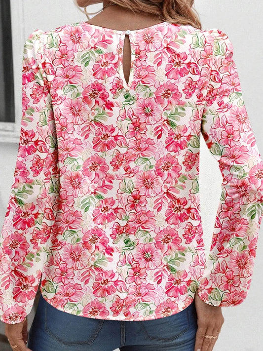 Floral Print Keyhole Neck Blouse - MARIGOLD 