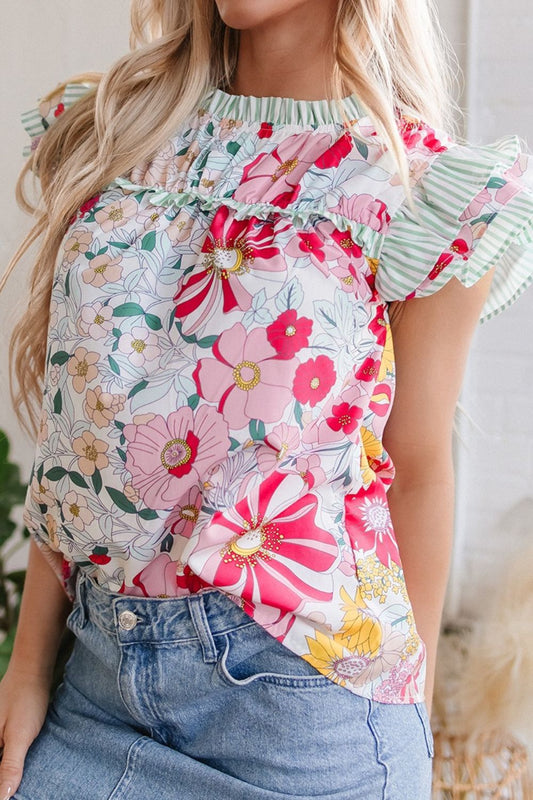 Floral Print Ruffled Cap Sleeve Blouse with Frilled Details - MARIGOLD 