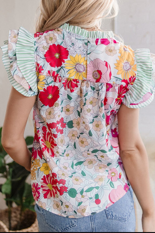 Floral Print Ruffled Cap Sleeve Blouse with Frilled Details - MARIGOLD 