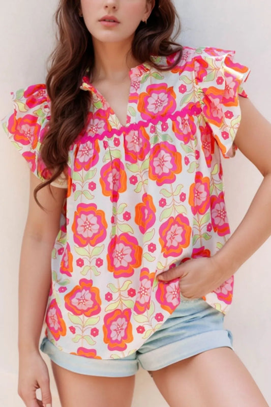 Floral Ruffled Sleeve Ric-Rac Trim Blouse