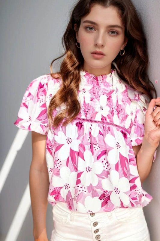 Floral Smocked Neck Short Sleeve Blouse Top - MARIGOLD 