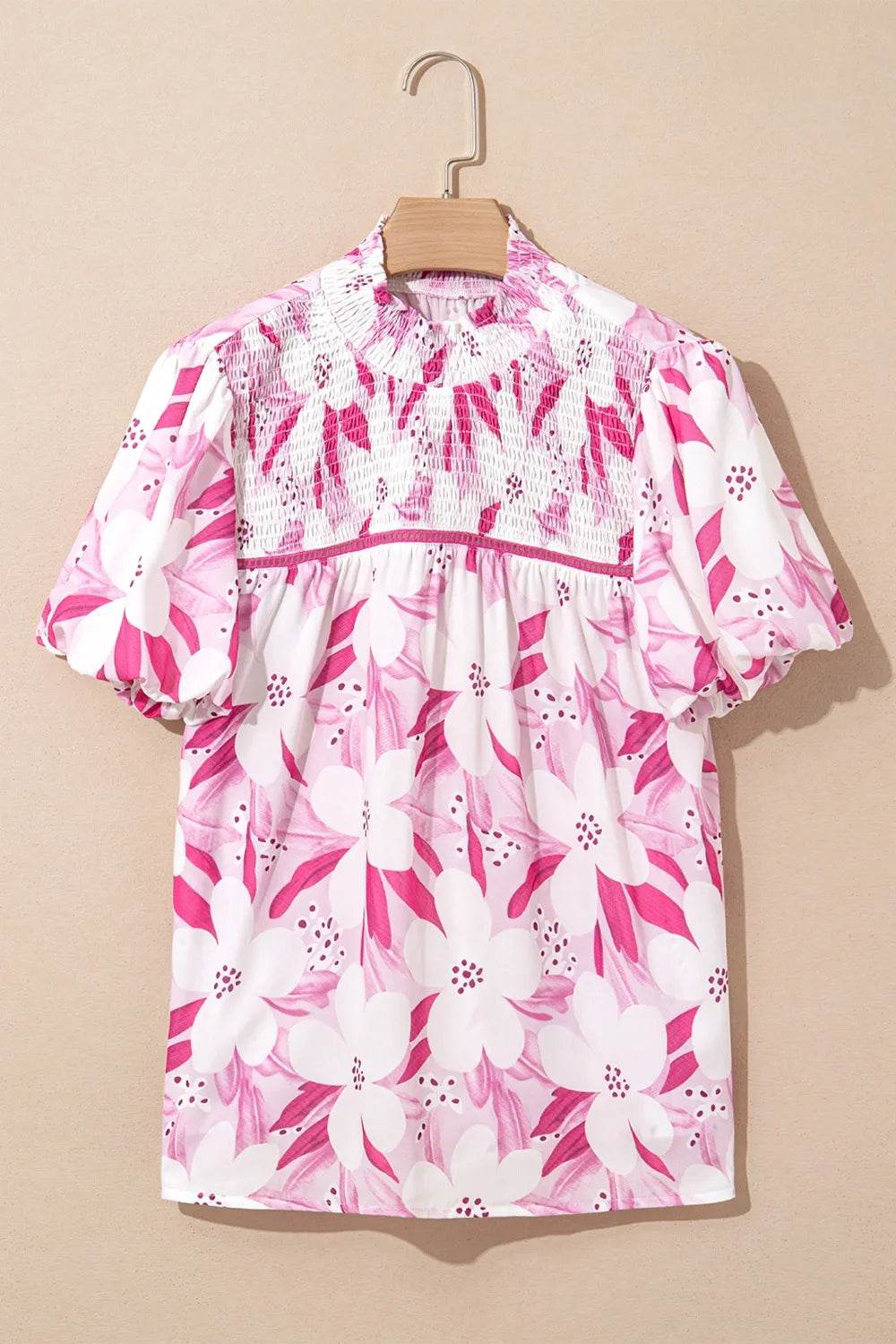 Floral Smocked Neck Short Sleeve Blouse Top - MARIGOLD 