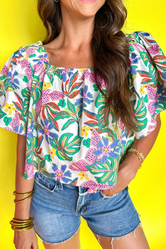 Vibrant Plant Print Puff Short Sleeve Blouse