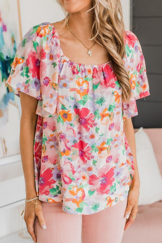Floral Print Blouse with Angel Sleeves - MARIGOLD 