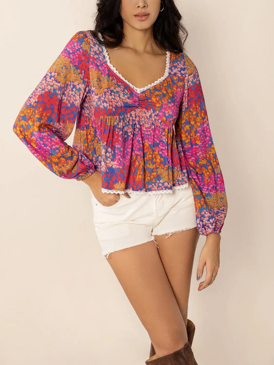 Abstract Floral Lace V-Neck Balloon Sleeve Peplum Top