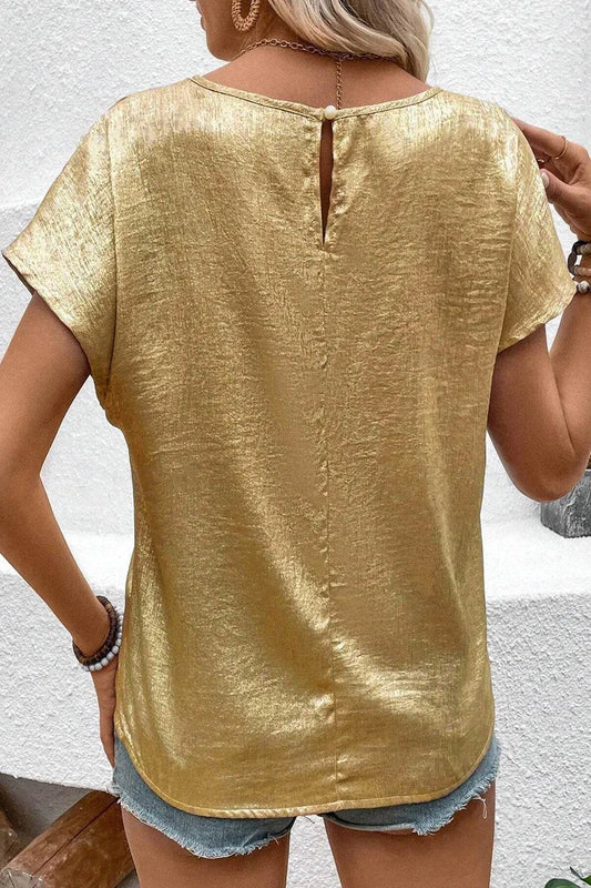 Metallic Gold Short Sleeve Casual Blouse - MARIGOLD 
