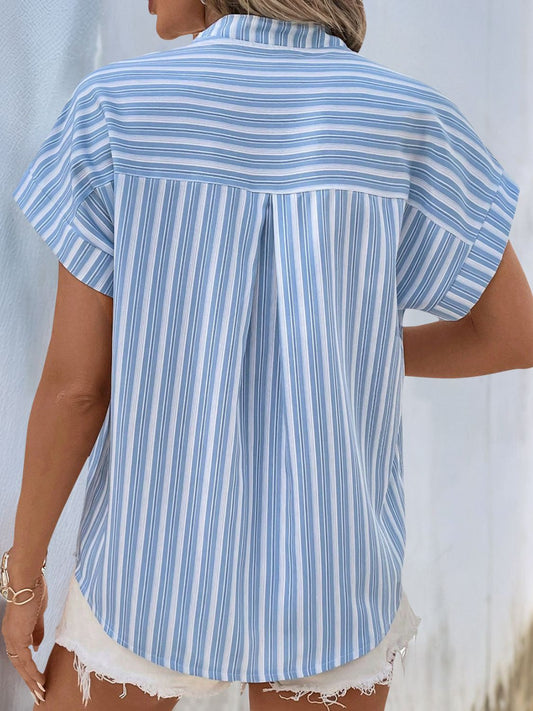 Half Button Striped Short Sleeve Blouse - MARIGOLD 